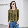 Women's Spring and Autumn Round Neck T-shirt Zipper Cardigan Fashionable and Versatile Pleated High-end Temperament Long-sleeved Top