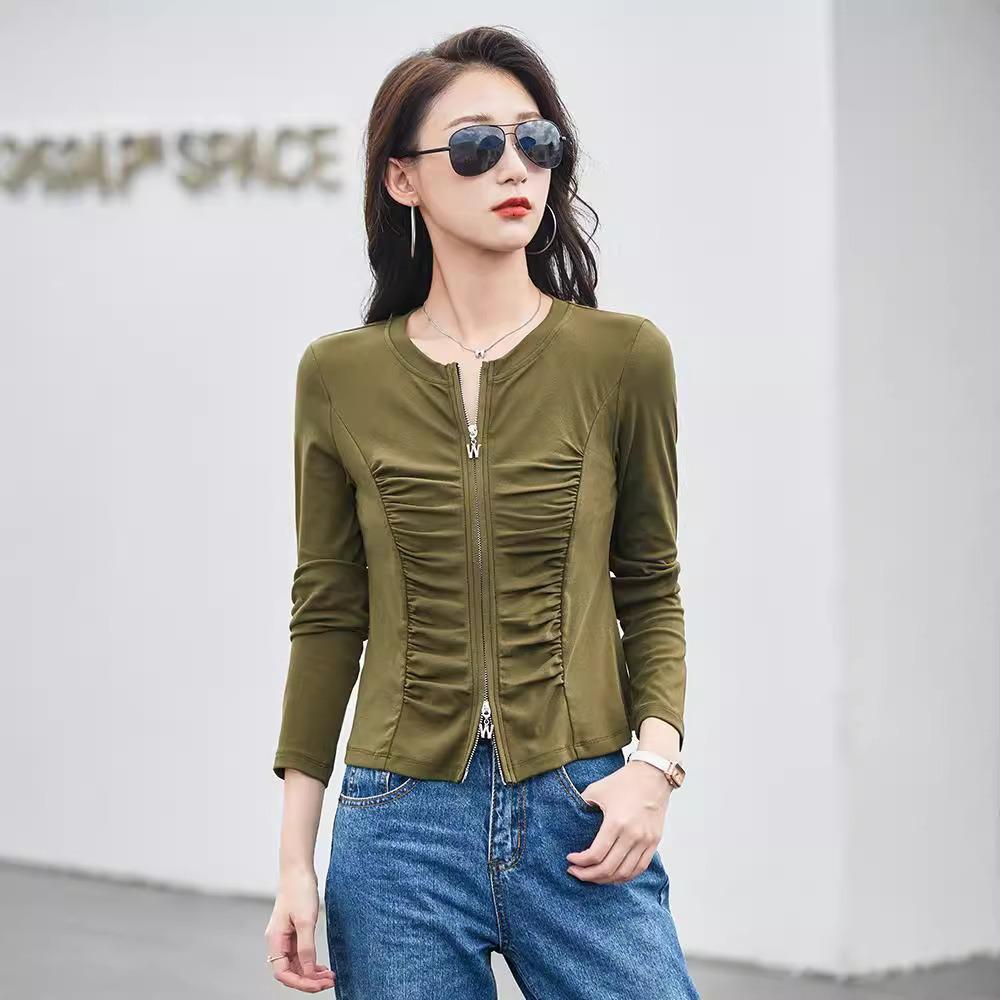 Women's Spring and Autumn Round Neck T-shirt Zipper Cardigan Fashionable and Versatile Pleated High-end Temperament Long-sleeved Top