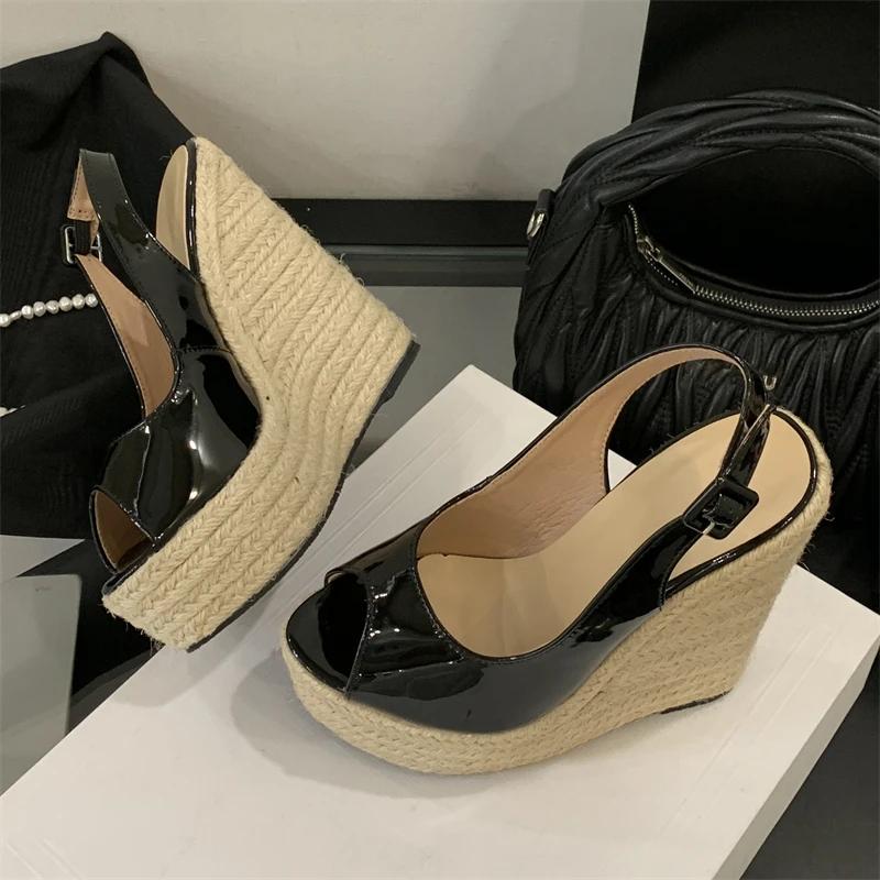 Fashion Summer Fashion Platforms Sandals High Quality Patent Leather Wedges Heels Women's Shoes Open Toe Buckle Strap Party Ladies Shoes