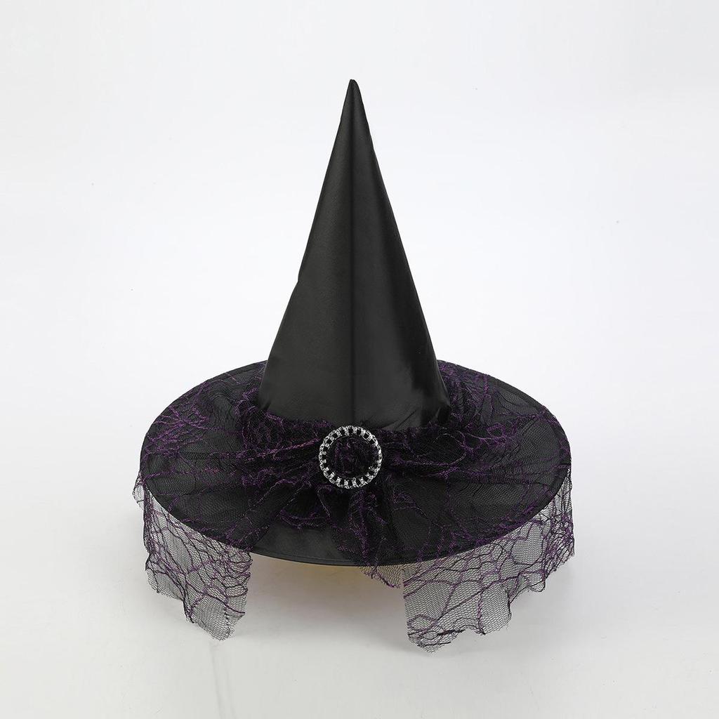 European & American Halloween Lace-up Witch Hat - Black Oxford Cloth Pointed Wide-Brim