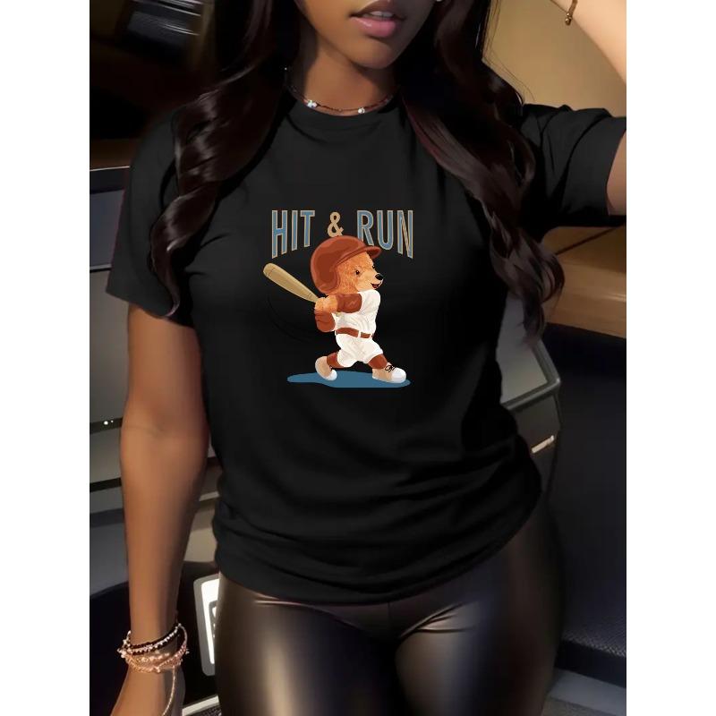 Женская однотонная черная футболка европейского размера: Игривый Питч: Черная футболка с принтом  Качающийся медведь Смелый Хит Беги  - Любовь S