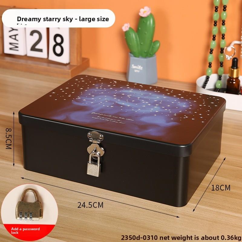 Retro Tinplate Box with Lock Key, Desktop Storage Box, Cosmetics, ID Storage, Household Jewelry Empty Box.
