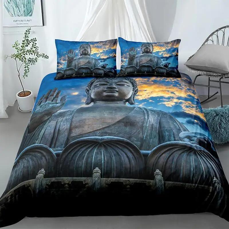 Buddha Duvet Cover Set King Size Exotic Ethnic Bohemian Bedding Set Microfiber Golden Buddha Statue Print Gorgeous Quilt Cover