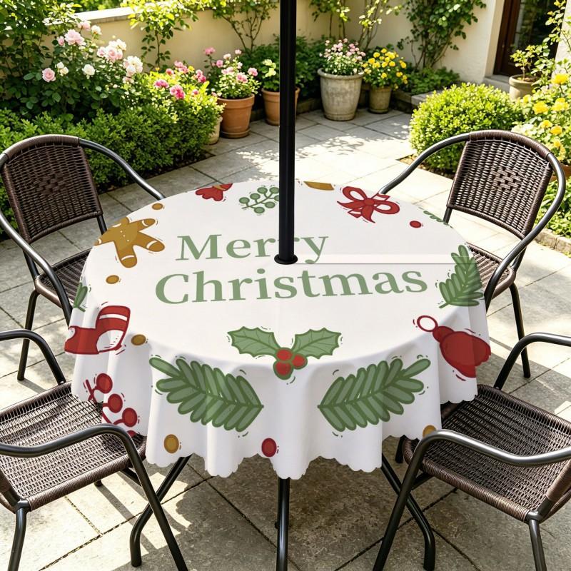 Outdoor Christmas Tablecloth Round Waterproof Oil-Resistant Patio Table Cover Garden Deck Umbrella Hole
