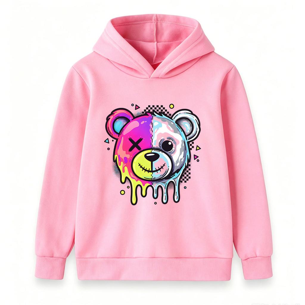 Kids Boys Girls Pullover Hoodie, Neon Dripping Split Bear Print Casual Long Sleeve Hooded Sweatshirt, Fashion Streetwear Top For Children
