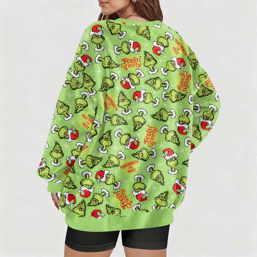 Women's Fashionable V-neck Christmas Printed Long Sleeved Casual Pullover Plush Warm Pocket Sweatshirt Top