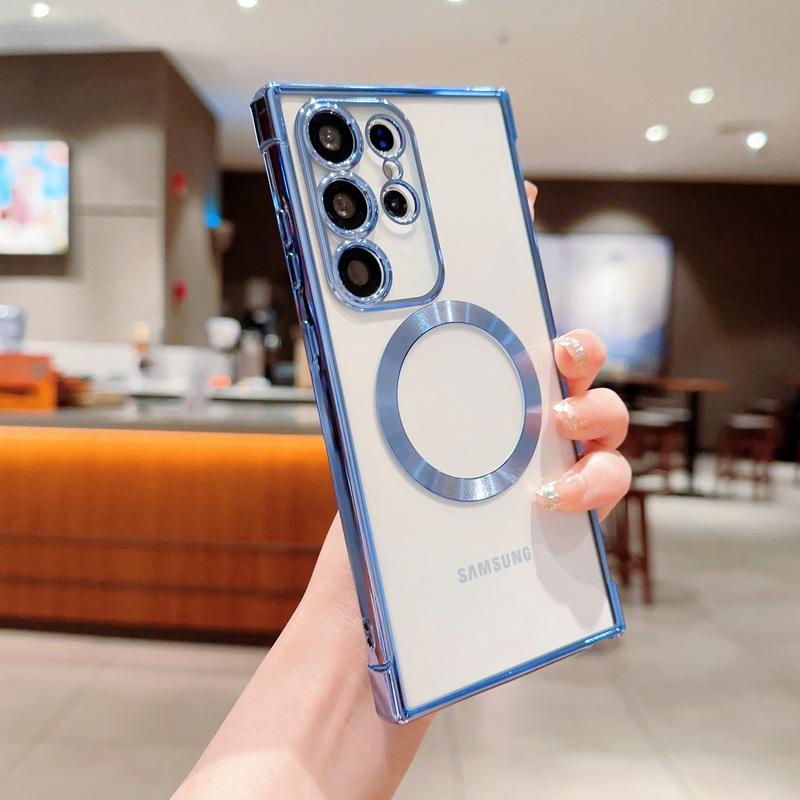 

Магнитный прозрачный чехол для телефона Samsung Galaxy S25 Ultra S24 S23 Plus S22 S21 FE с беспроводной зарядкой, гальванический противоударный защитный чехол для объектива Samsung S25 Ultra светло-синий