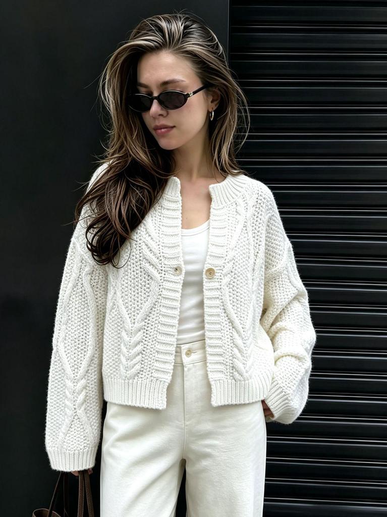 European-American Cross-border New Long-sleeve Knit Cardigan Top, Round Neck, Solid Color, Loose Fit, Women's Sweater for Autumn-Winter.