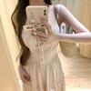 French Gentle Pink Bow Suspender Dress Women's Summer Super Fairy Lace Splicing Waist A-word Long Dress