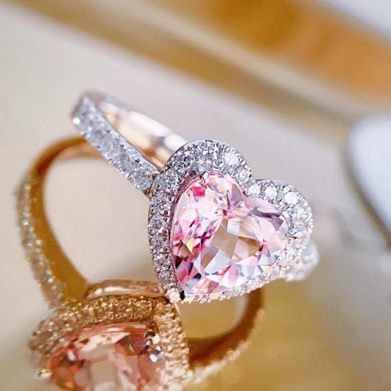 Luxury Heart Shape Pink copper Color Cute Fashion Promise Ring for Women Girl Party Wedding Gift Trendy Zircon