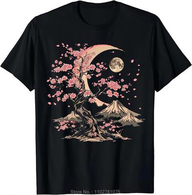 Kersenbloesem Maanverlichte Sereniteit T-shirts Herenkleding Japanse Stijl Katoenen T-shirt Oversized T-shirt Casual Fitness T-shirt