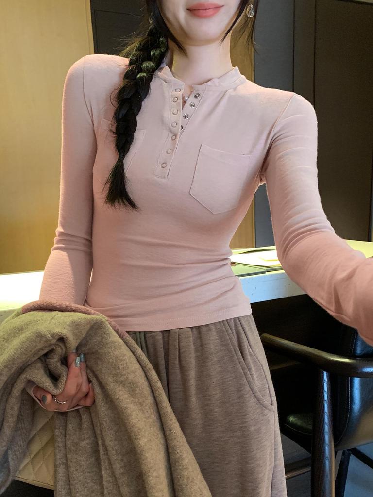 Women's Retro Henley Collar Knit Top - Autumn/Winter 2025, Waist-Cinching, Figure-Flattering, Solid Color.