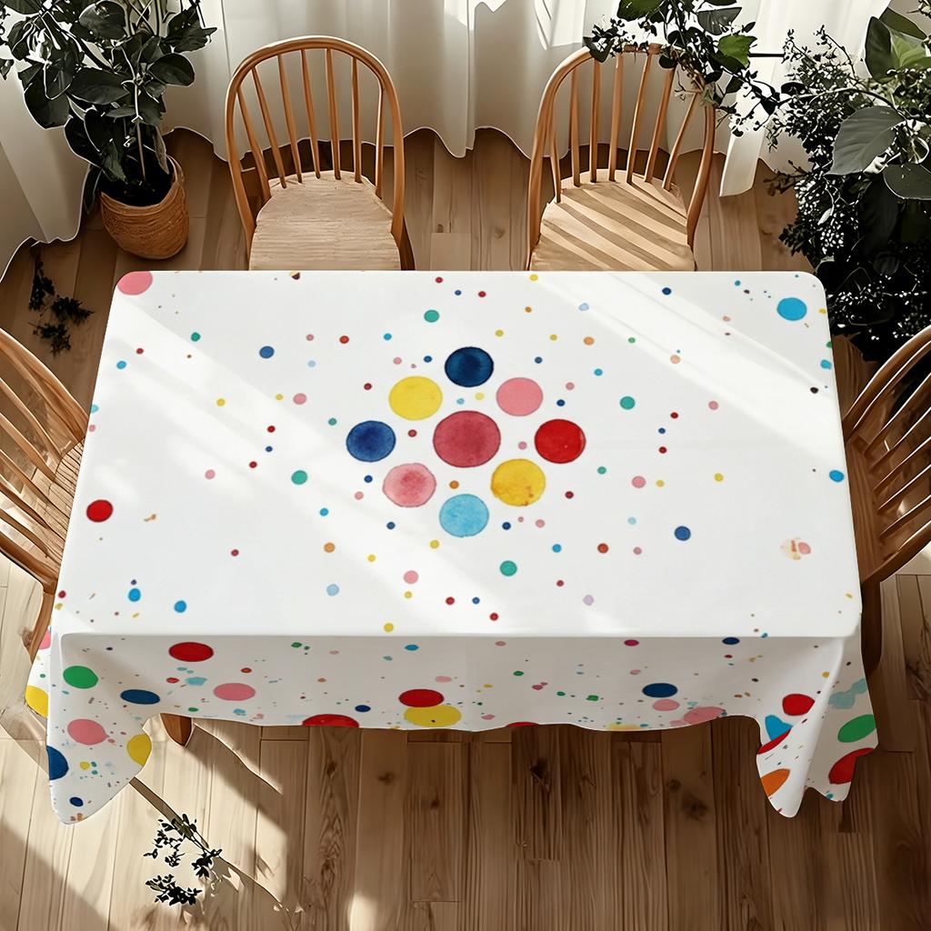 1pc, Polka Dot Pattern Printed Tablecloth, Made of Polyester, with a Pure White Base Color. The Tablecloth Features a Full-print of Randomly Scattered