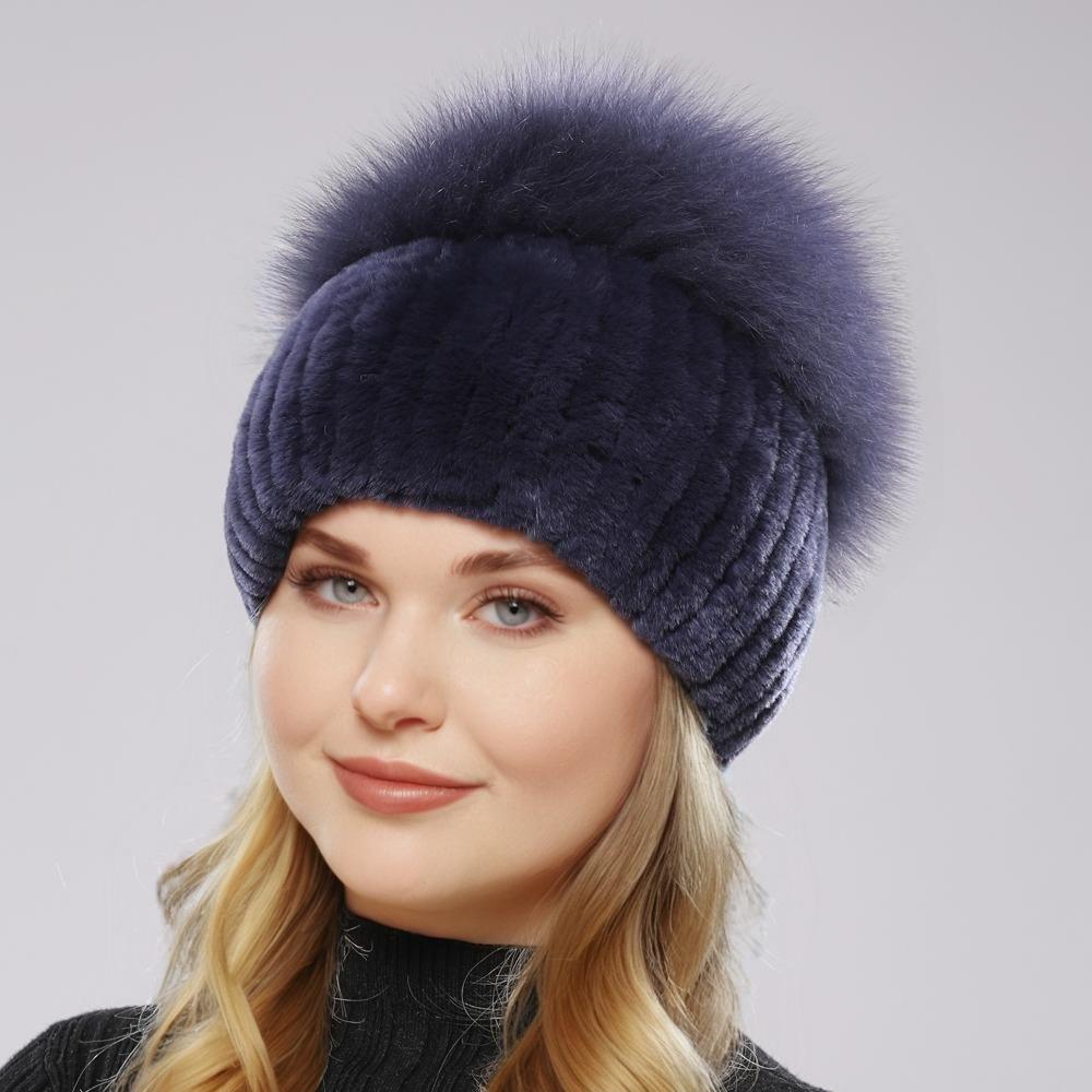 Nové Dámské Zimní Luxusní Čepice z pravé Rex Králičí kožešiny Pletená Rexová králičí kožešinová čepice Top Přírodní Liščí kožešina Čepice Originální Liška Čepice Beanies