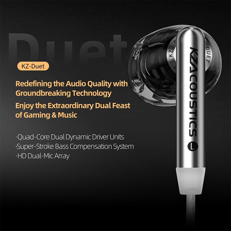 KZ Duet Earphone HIFI Bass Earbud Quad-Core Dual Dynamic Driver Units Headset HD Dual-Mic Array Detachable Design