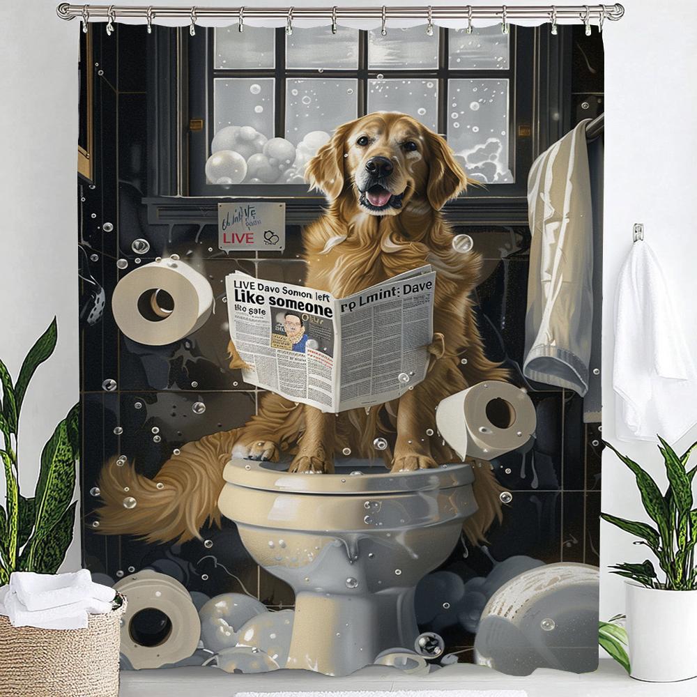Dunika Chen 1Pc Funny Dog Bath Shower Curtain,Cute Dogs Reading Newspaper On Toliet Bathroom Curtain,Washable Cloth Kids Shower Curtains