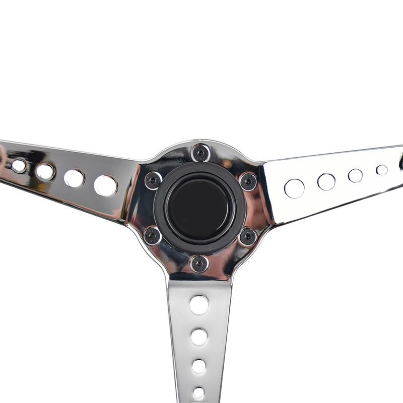 Volante Retrò Classico Effetto Legno 350mm Argento 3 Raggi Foro Tondo Staffa Volante da Corsa con Linee Gialle