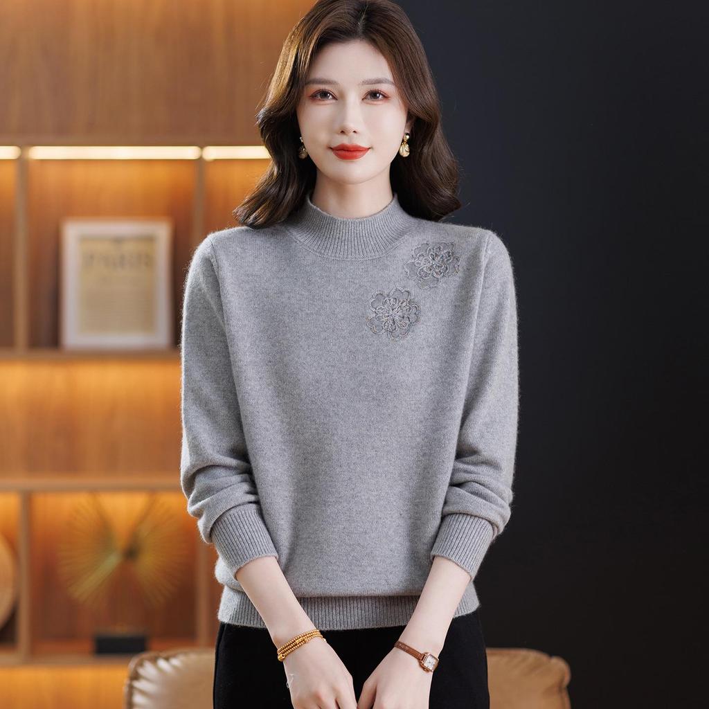 Women's Pure Wool Embroidered Sweater - Half-High Collar, Autumn/Winter, for Middle-Aged & Elderly, Warm Base Layer/Outerwear