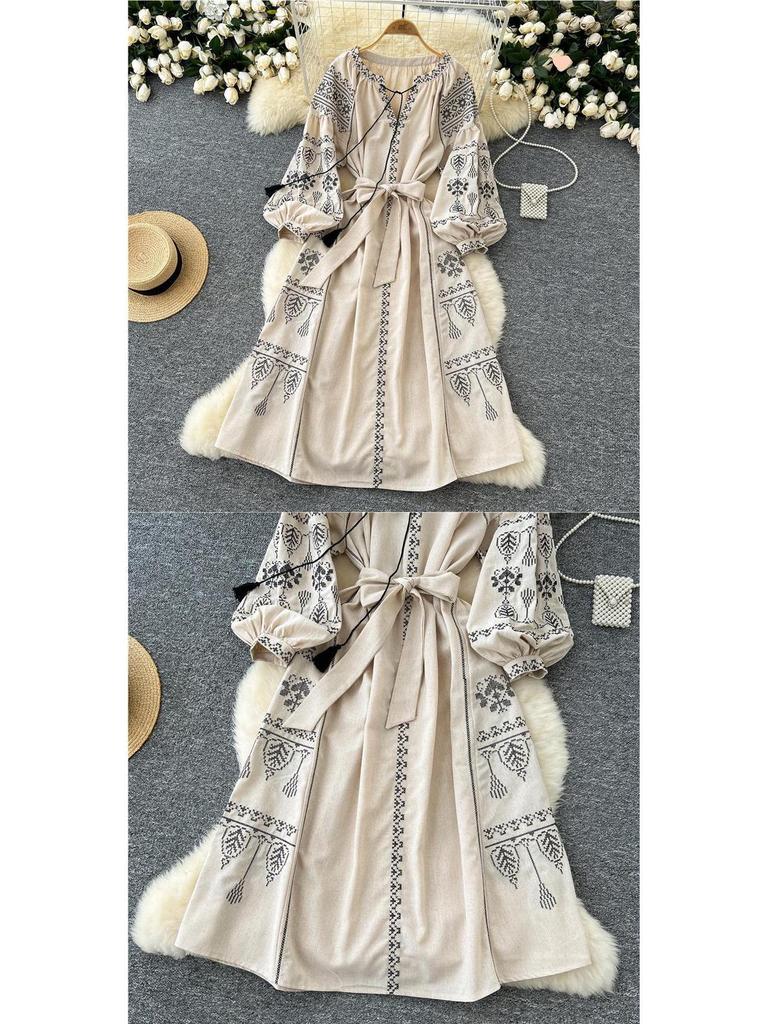 Bohemian Embroidered Lantern Sleeve Tie-Waist Dress for Women