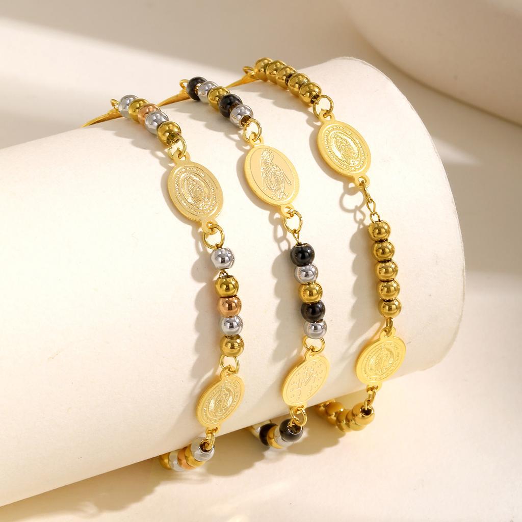 Vnox Virgin Mary Bracelets For Women Men,Stainless Steel Three-color Round Bead Chain,Elliptical Brand Religion Faith Jewelry