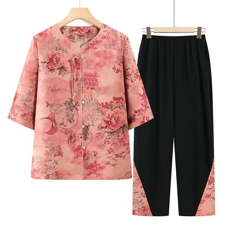 Summer Clothing for The Elderly Short-sleeved Fashionable Ladies' Traditional Chinese Style Suit Two-piece Suit