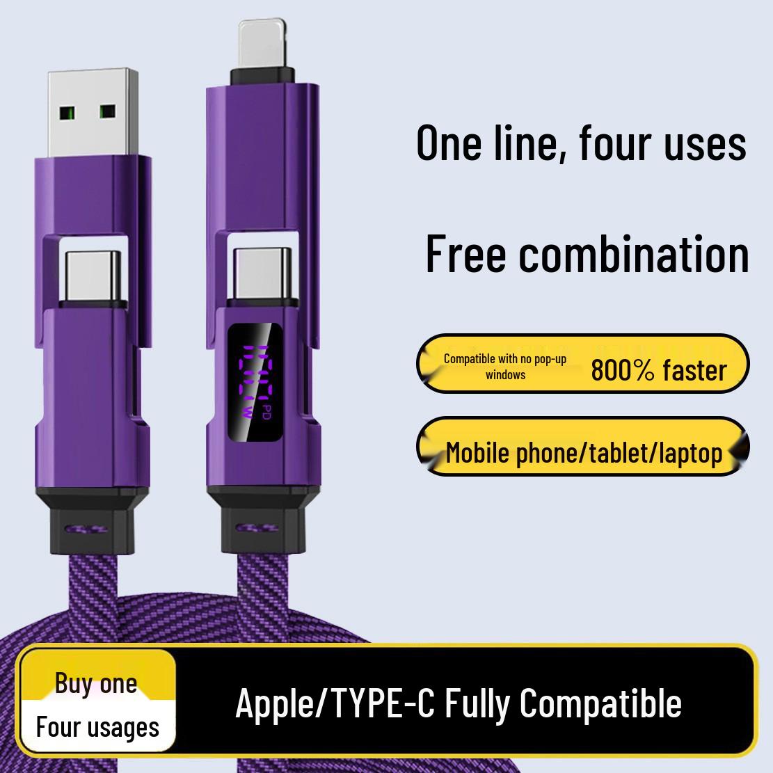 

65W Fast Charging 4-in-1 Zinc Alloy Data Cable for Phones & Laptops with Laser Logo