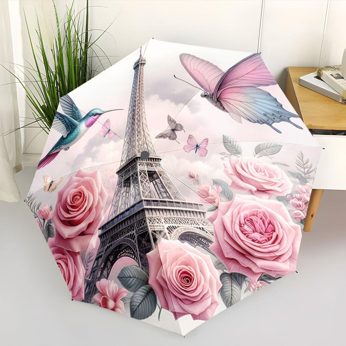 -Designed Folding Umbrella Featuring a Stylish Parisian Landscape Adorned with Butterflies And a Hummingbird, Perfect As a Por