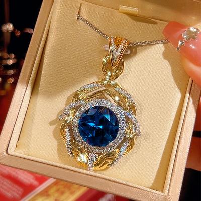 Jewelry Copper Bottom Gold-Plated Simulation Blue Spinel Round Retro Pendant Necklace Stone 16Mm