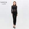 VOZZA Stretch-Bluse mit langem und einem hohen Power-Netz-Lang und einem Stehkragen, floral eng und entspannt, Damen-Allover-Spitze, durchscheinende Stickerei,
