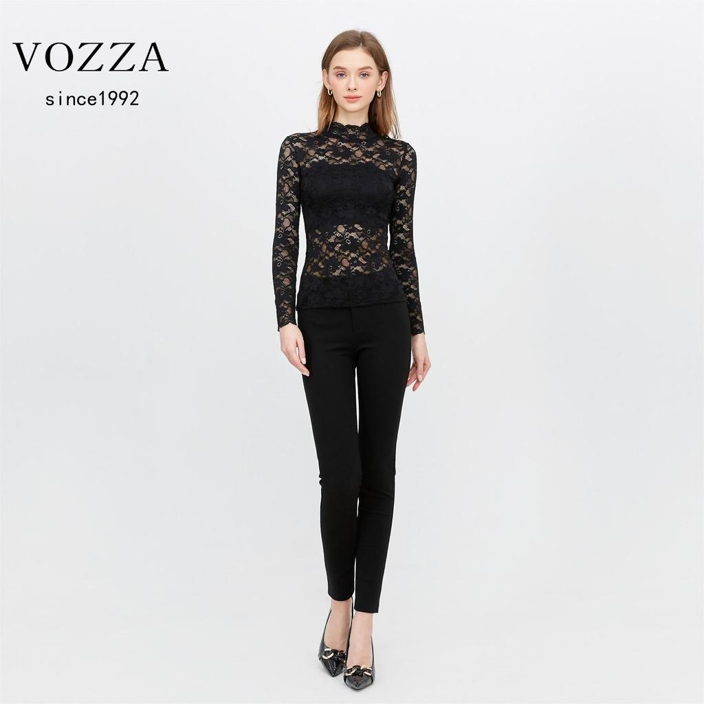 VOZZA Stretch-Bluse mit langem und einem hohen Power-Netz-Lang und einem Stehkragen, floral eng und entspannt, Damen-Allover-Spitze, durchscheinende Stickerei,