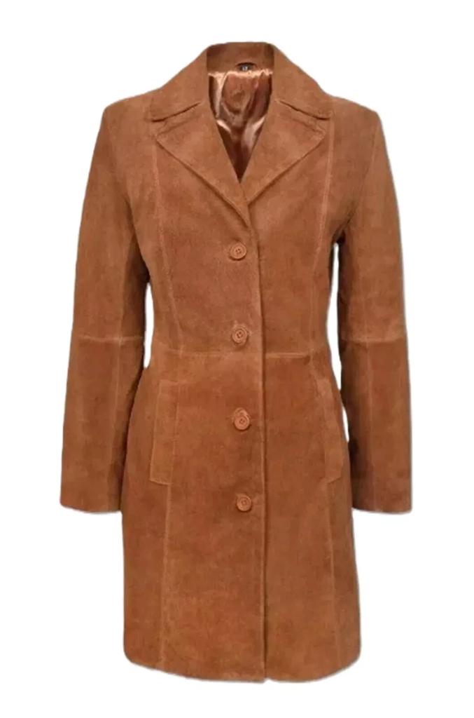 New Classic Designer Trench Coat Women's Brown Suede Lambskin Leather Knee-Length