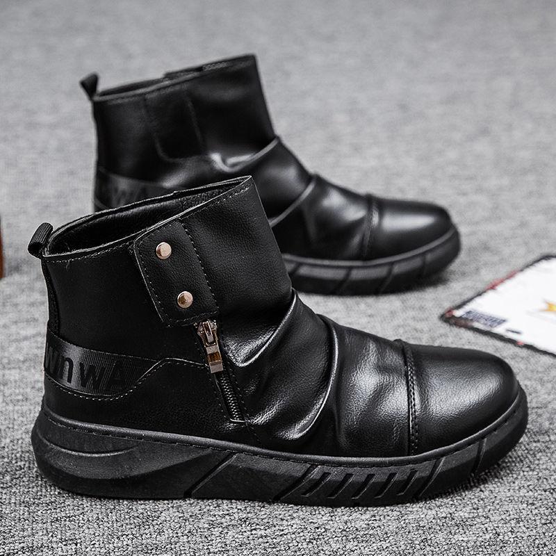 Fashion 2024 New Black Men's High-top Fashion British Style Leather Boots Winter Shoes Korean Style All-match Breathable Boots Tide