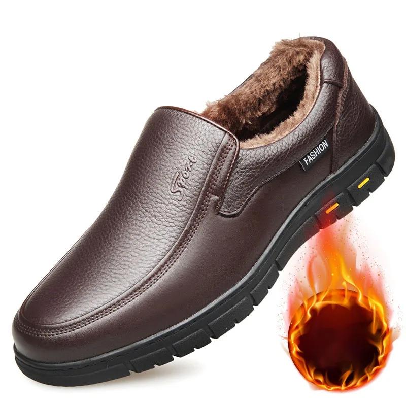 2024 Winter Leather Casual Shoes for Men Loafers Luxury Brand Comfortable Warm Plush Moccasins Men's Dress Shoes Plus Size 38-46
