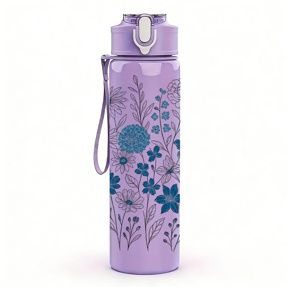 1PC Blue Tone Floral Arrangement 750ml Color Plastic Sports Water Bottle Leakproof Flip Straw Lid Suitable for Sports Office Home Use