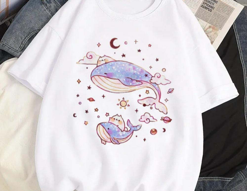Women Y2K Fashion T Shirt Casual Loose Fit Tee with Cute Cartoon Whale Graphic Harajuku Style Top Daily Streetwear Oversized