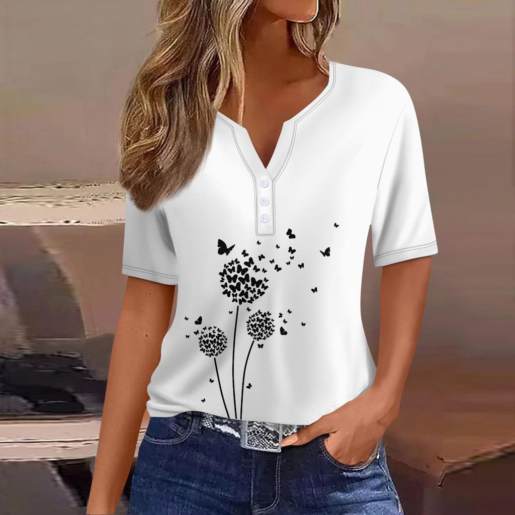 Women's Casual Sequin Printed V-Neck Short Sleeve Decorative Button T-Shirt Top