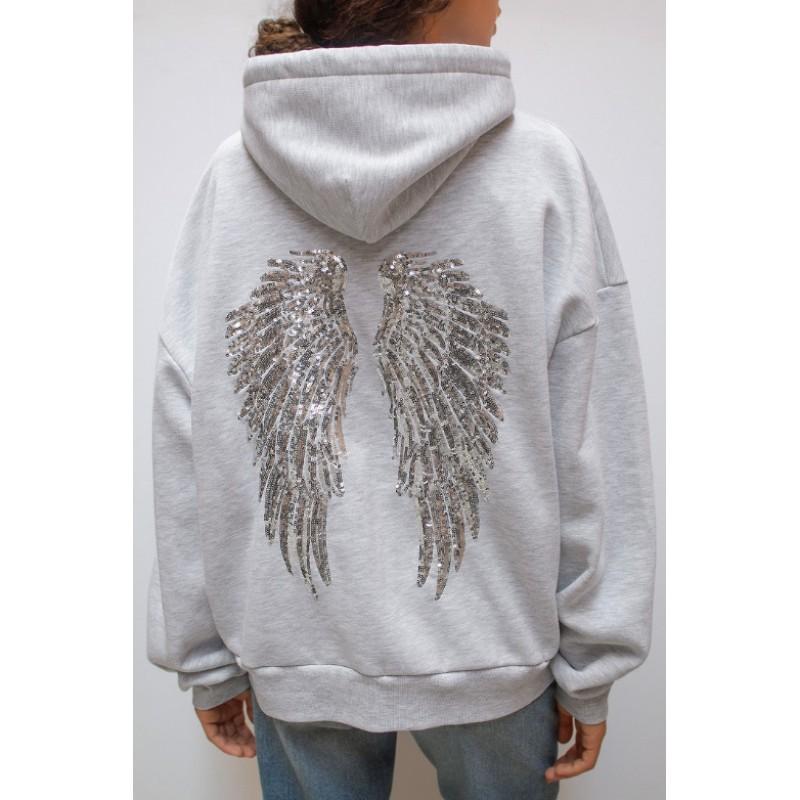 Womens Casual Tracksuit Set With Sequin Wing Embroidery Solid Color Hoodie Pants Streetwear Outfit