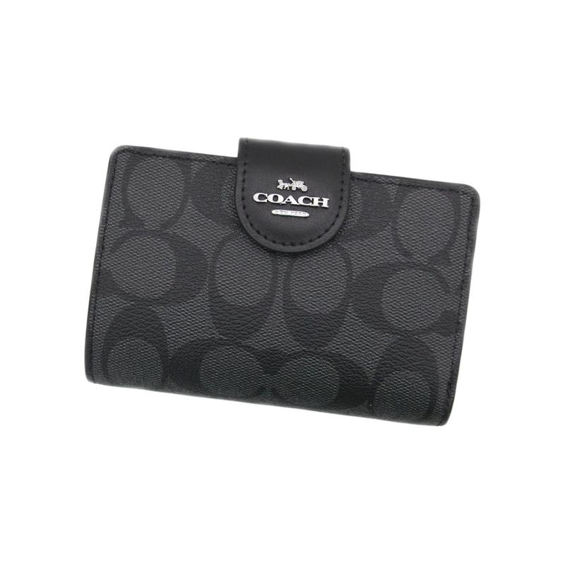 Coach Corner Zip13 Classic Presbyopic Color Block Carriage Snap Folding Coated Canvas with Leather Card Holder Wallet Mini Women's Khaki with Black
