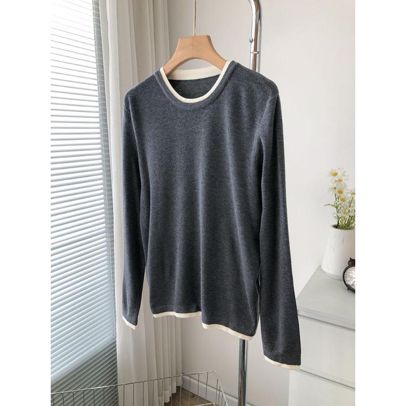 

2024 autumn and winter round neck fake two-piece pullover sweater women s thin wool knitted inner bottoming shirt top One Size