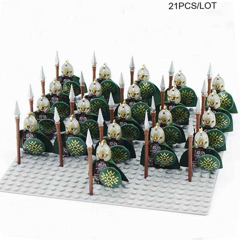 21Pcs/lot Dane Iron Feet Eomer Rohan Warriorr Vs Uruk Hai Army Figrues With Shield Sword Bow Spear Building Blocks Toys for Kids