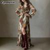 Vintage Rose Print Flounced V-Neck Long Sleeve Ruched Sheath Asymmetrical Chiffon Dress