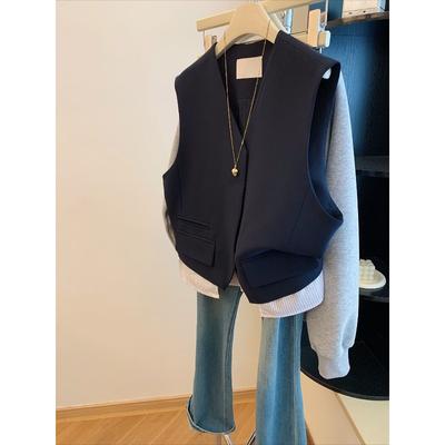 Gilet da Donna Blu Navy Scollo a V Autunno Casual Vestibilità Slim Minimalista Capo Esterno