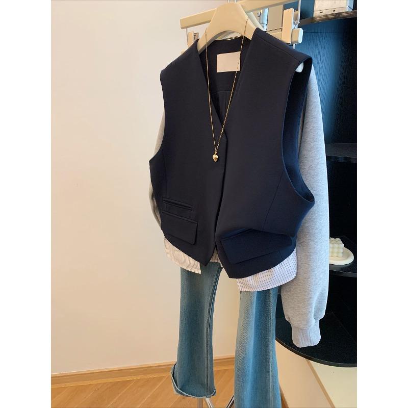 

Модный женский темно-синий жилет с V-образным вырезом, осенний повседневный приталенный блейзер-жилет, минималистичная верхняя одежда S темно-синий