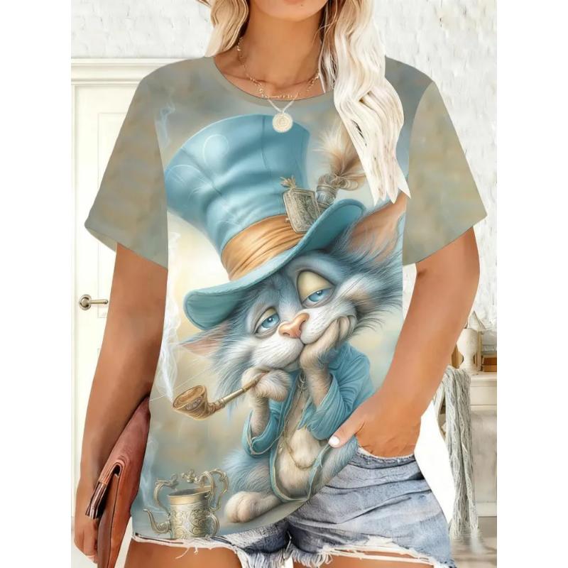 Fashion Women's Animal Short Sleeve 3D Animal Color Printing Crew Neck T-Shirt Crew Neck Short Sleeve