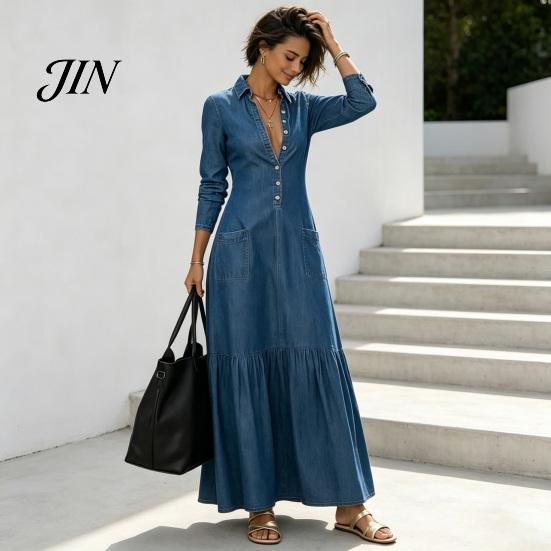 Mid-length Dress Women Button Down Maxi Denim Dress, Long Sleeve Lapel V Casual Loose Neck Flowy A-line Jean with Pockets Summer