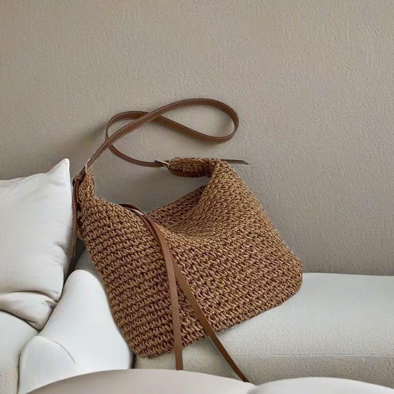 

Ручная работа Диагональное плетение Соломенная сумка Легкая роскошь Пляжная Ленивая Высококачественная Одноплечевая Сумка-тоут 26x21x16cm