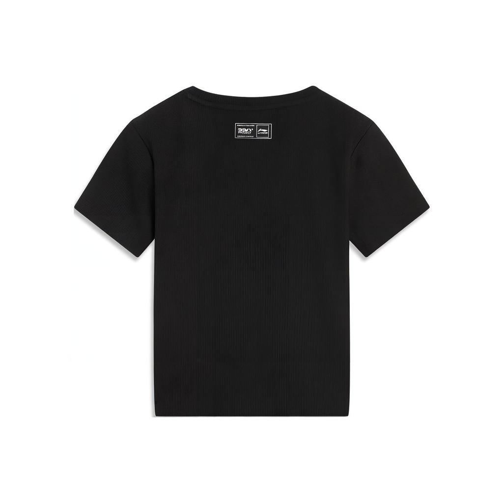 Li Ning Sports Trend Series Round Neck Fitted Short Sleeve Drop Shoulder T-Shirt Women Tops Black AHSU762-2