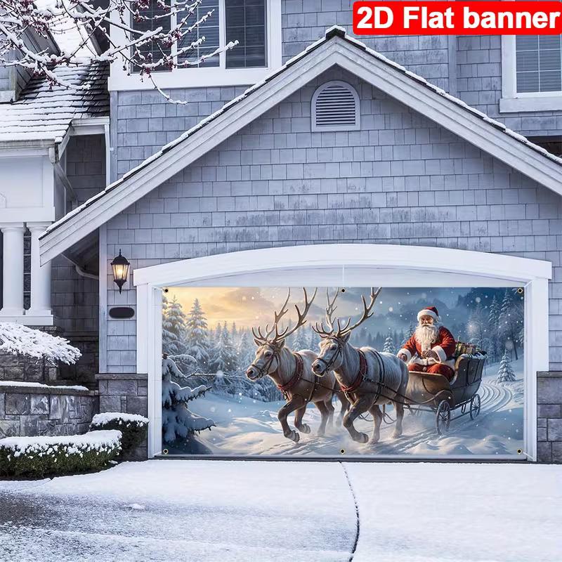 2D Winter Holiday Garage Cover, Santa's Sleigh Ride In Snow Photo Booth Background