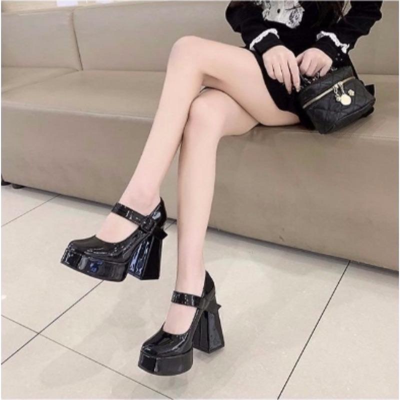 American Style Mary Jane High Heels Women's Black JK Shoes Ultra High Heel Comfortable PU Leather Fashionable Minimalist