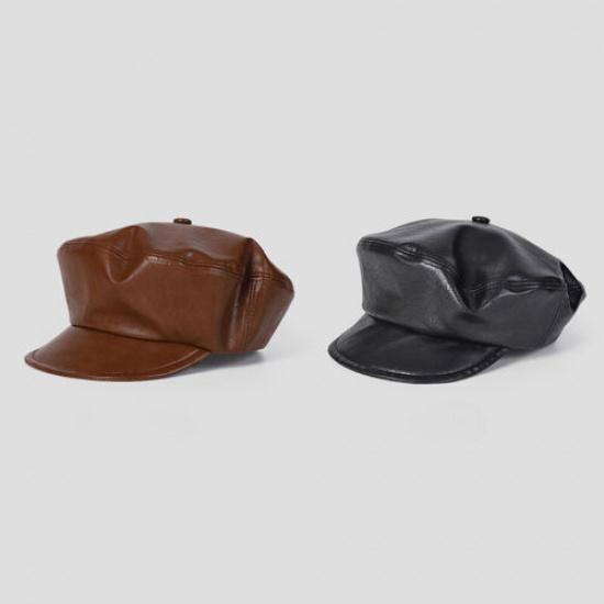 1x Women Faux Leather Captain Sailor Hat Newsboy PU Cabbie Baker Boy Fiddler Cap